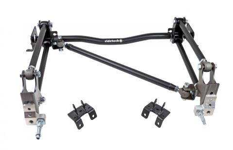 Bolt-On 4-Link W/ Double Adjustable Bars For 1955-1957 Bel Air W/ 1 Piece Frame R-Joints Bars Diagonal Link Bolt-On Cross Member And Weld-On Axle Brackets Coated Black For Use W/ Shockwaves Or Coil-Overs Sold Separately Ridetech
