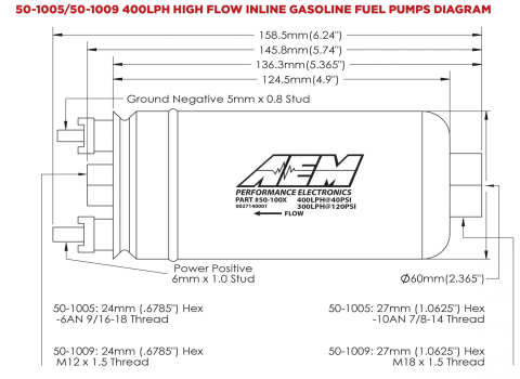 400LPH (AN) Inline High Flow Fuel Pump Inlet -10AN Outlet -6AN AEM Electronics