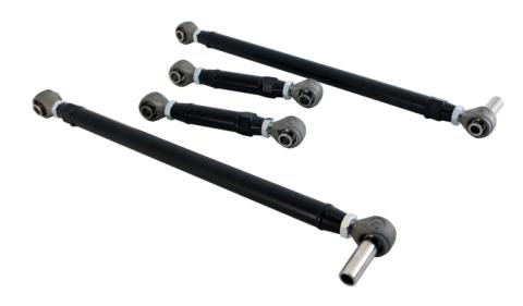 Replacement 4-Link Bar Kit W/ R-Joints Double Adj For 1955-1957 Bel Air 1Pc Or 2Pc Frame Double Adjustable Upper Bars Lower Bars And Diagonal Link And R-Joint Spacers Powder Coated Satin Black Ridetech