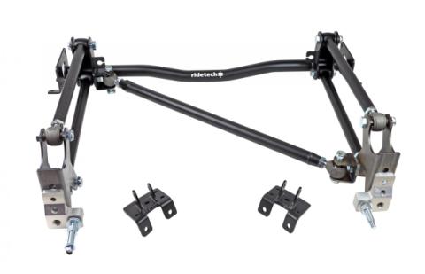 Bolt-On 4-Link W/ Double Adjustable Bars For 1955-1957 Bel Air W/ 2 Piece Frame R-Joints Bars Diagonal Link Bolt-On Cross Member And Weld-On Axle Brackets Coated Black For Use W/ Shockwaves Or Coil-Overs Sold Separately Ridetech