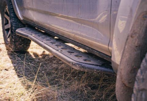 Step Edition Rock Slider For 24-Present Toyota Tacoma/Double Cab Long Bed W/ No Kick Out/Yes (Powdercoat)/Powdercoat Cali Raised LED
