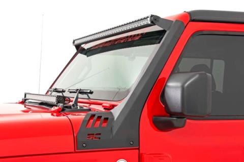 Jeep 50-Inch Straight LED Light Bar Upper Windshield Kit w/ Dual-Row Black Series LED Amber DRL 20-Up Gladiator JT, 18-20 Wrangler JL Rough Country