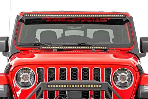 Jeep 50-Inch Straight LED Light Bar Upper Windshield Kit w/ Dual-Row Black Series LED 2-Up Gladiator JT, 18-20 Wrangler JL Rough Country