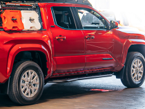 Step Edition Rock Slider For 24-Present Toyota Tacoma/Double Cab Long Bed W/ Kick Out/Yes (Powdercoat)/Powdercoat Cali Raised LED