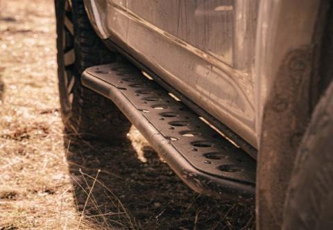 Step Edition Rock Slider For 24-Present Toyota Tacoma/Double Cab Long Bed W/ Kick Out/Yes (Bed Liner)/Powdercoat Cali Raised LED