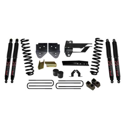 Suspension Lift Kit w/Shock 4 Inch Lift 17-19 Ford F-250 Super Duty Incl. Front Coil Springs Bump Stop Spacers Relocation Brackets Rear Lift Blocks U-Bolts Black Max 8500 Shocks Skyjacker