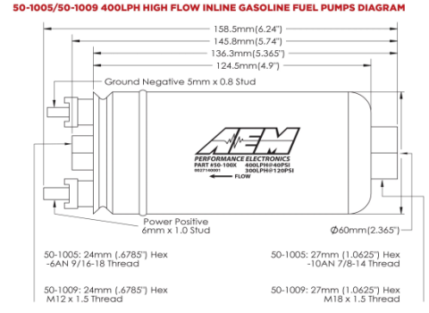 400LPH (Metric) Inline High Flow Fuel Pump M18x1.5 Inlet M12x1.5 Outlet AEM Electronics